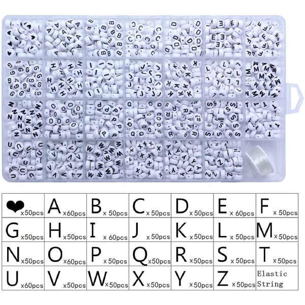 1400 stycken 4x7 mm Vita runda akryl alfabetet Bokstavspärlor A-z Hjärtmönster Pärlor och kristalllinje för smyckenstillverkning Armband Halsband Nyckelringar