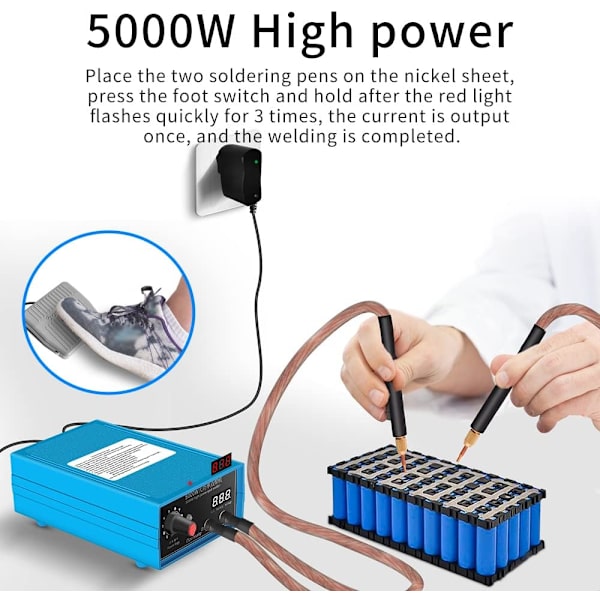 Punktsvets, 5000W Batteridriven Punktsvets, 10 Växlar Utgångseffektjustering, Punktsvetsutrustning för 0,1~0,15mm Nickelplåt, Handhållen Hemsvets