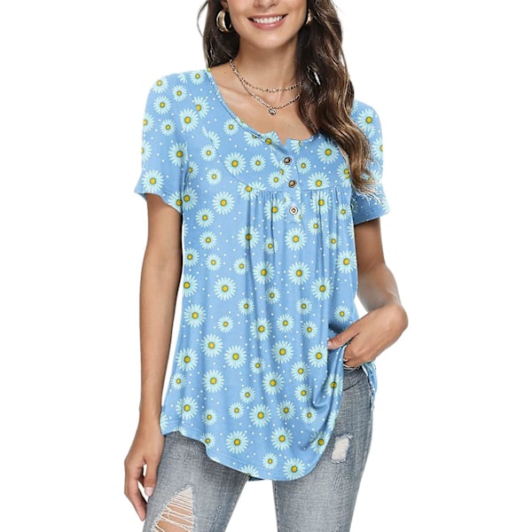 Kvinnors vår-sommar Henley-skjortor Knäppta tunikor 2023 Casual Kortärmad blus T Blue Daisy L