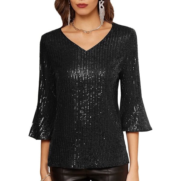 Dame Glitrende Glitter Paillet Tank Top T-shirt 3/4 Pufærme V-hals Bluse Top Black S
