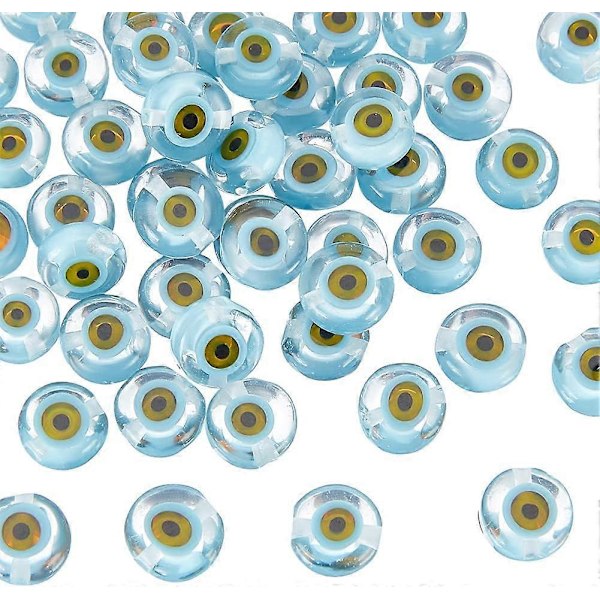 Omtrent 49 stk. Lampwork-perler med onde øyne, 8 mm lyseblå håndlagde onde øyne-perler, flate runde onde øyne-glassperler for halskjede, armbånd, øredobber, smykker
