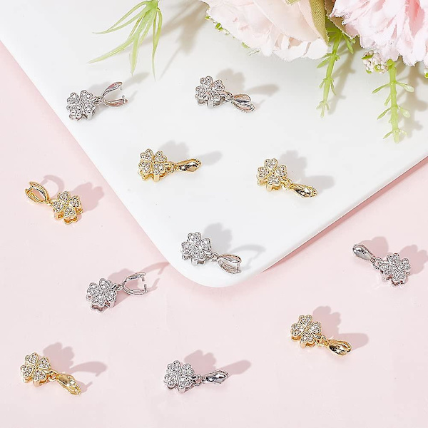 20 stk. 2 Farver Firkløver Isøkse Klemmebøjle Platin Lås Bøjle Gylden Snap On Bøjle Cubic Zirconia Klemme Clip Dingle Vedhæng Forsyninger Til St.
