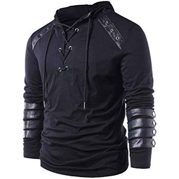 Herre Gotisk Steampunk Snøre Hættetrøje Middelalder Ridder Langærmet Syning Læder Rustning Sweatshirt Pullover Sort Black L