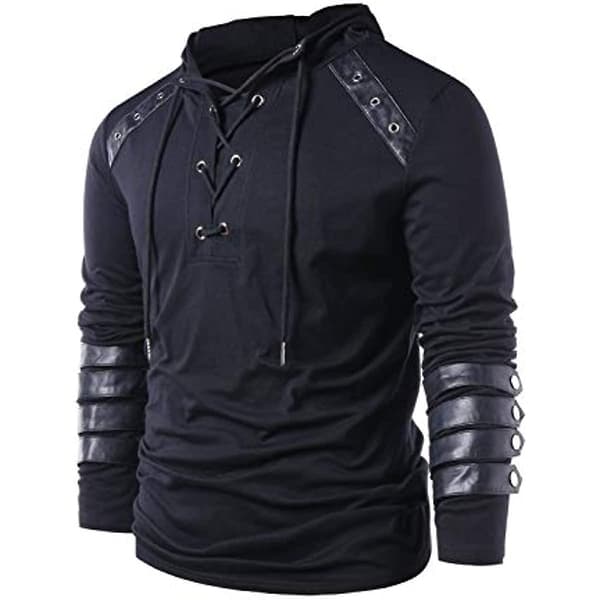 Herre Gotisk Steampunk Snøring Hettegenser Middelalder Ridder Langermet Søm Lær Rustning Genser Pullover Svart Black L