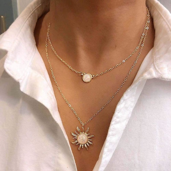 Mån Sol Skiktad Choker Dubbla Kedjor Solros Med Kristallhänge Berlock Halsband Smycken Bff Gåvor Till Kvinnor Flickor