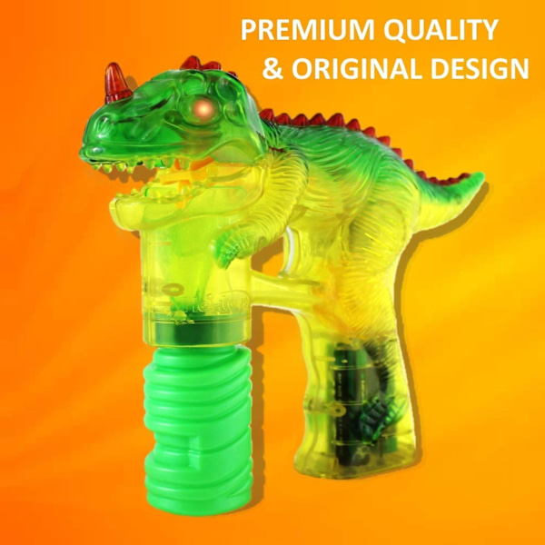 Jurassic Dinosaur Bubble Gun Shooter Light Up Blower | Leksaksbubbelblåsare för småbarn, barn, fester | Led-blinkande lampor, extra påfyllningsflaska