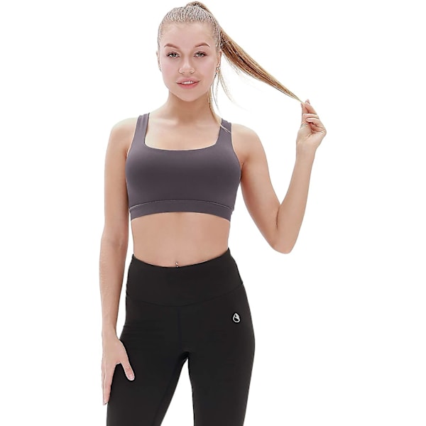 Kvinnors vadderade sport-bh med medium support, korsrygg, gym, yoga-bh Grey S