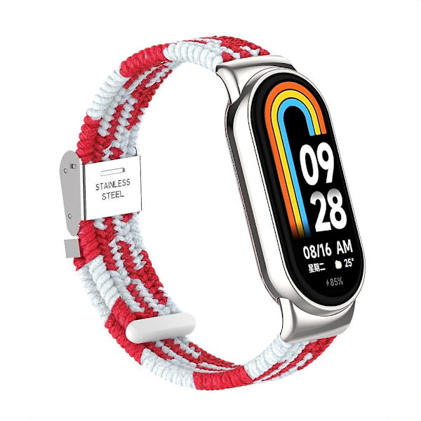 För Xiaomi Smart Band 8 flätad nylon klockarmband justerbart spänne elastiskt band Red White