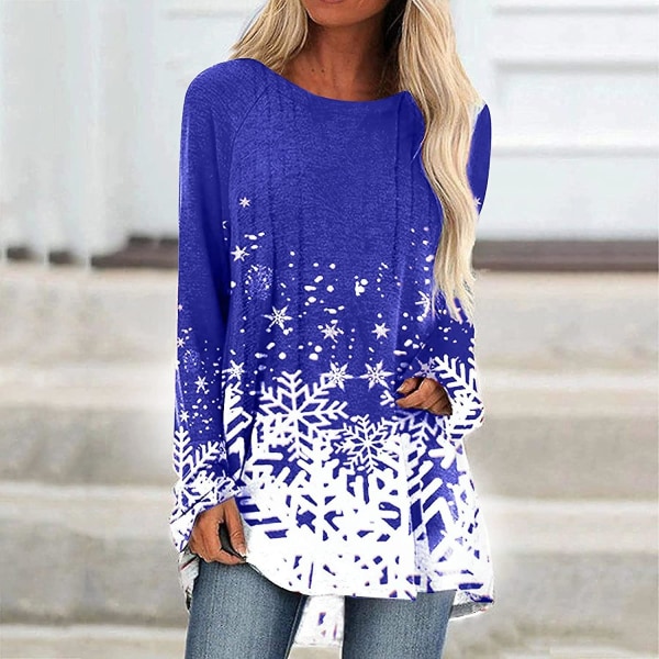 Elegant Plus Size Casual Retro Trykk O-hals Langermet T-skjorte Topper for Kvinner