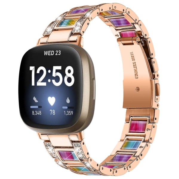 För Fitbit Versa 4/Sense 2 Resin Watch Strap i rostfritt stål med strassdekor Rose Gold Rainbow