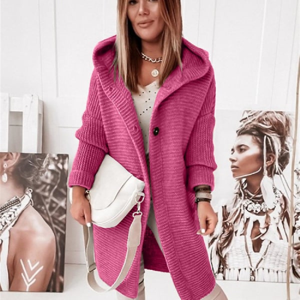 2023 Ny hætte strikket hue krave temperament pendler løs cardigan dame sweater dametøj Plum red L