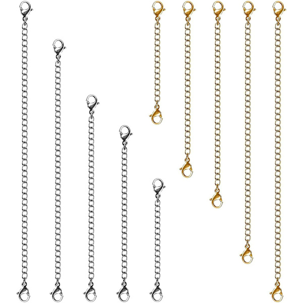 Halsbandsförlängare, 15 st rostfritt stål guld silver halsband armband fotlänk förlängningskedjor med hummerlås och stängningar för smyckestillverkning sliver gold