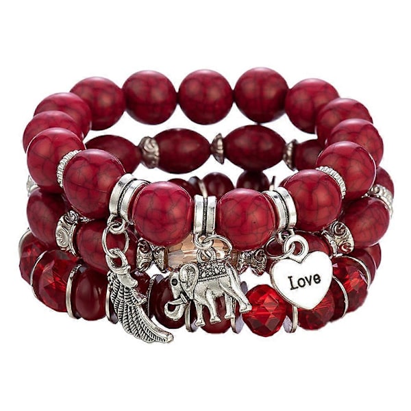 Enkel Bohemisk Pärl-Elefantvingar LOVE Mönster Boll Armband Red