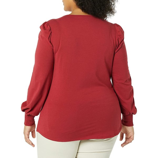 Kvinnors långärmad T-shirt med rund halsringning och smockad manschett Dark Red XL