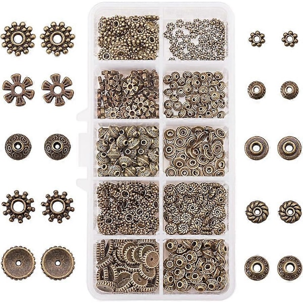 500 st 10 Stilar Tibetansk Legering Antik Brons Distanspärlor Växel Bicone Blomma Metall Distanspärlor för Armband Halsband Smyckestillverkning