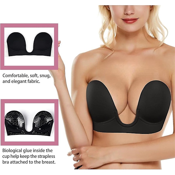 Plunge Strapless Sticky Push Up BH Slitlös Limmad Osynlig, Med Bröstvårtsskydd Black Large