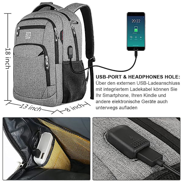 Nopea Toimitus Kannettavan Tietokoneen Reppu, Liikematka Varkaudenesto Ohut Kestävä Kannettavien Tietokoneiden Reppu USB-Latausliitännällä Gray 23in