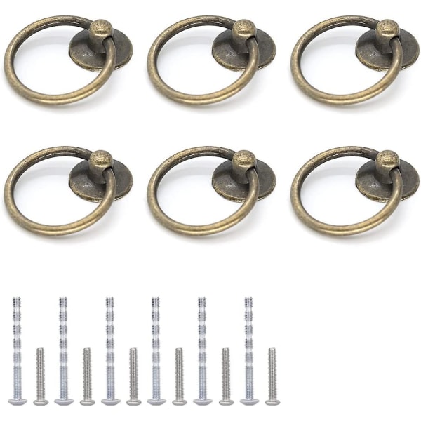 6st Antik Mässing Drop Ring Låddragare, Vintage Skåp Ring Handtag, Metall Låd Ring Knoppar För Kommod Lådor Skåp