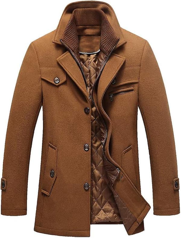 Vinterjacka för män, Slim Fit, enkelknäppt, kort ulljacka, ullrock Brown M