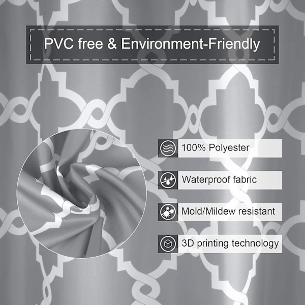 Bruseforhæng, Badeværelsesforhæng med 12 Kroge, Vandtæt Polyester Grey Geometric