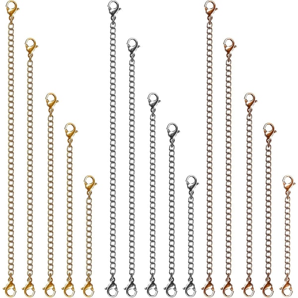 Halsbandsförlängare, 15 st Rostfritt stål Guld Silver Halsband Armband Ankelförlängningskedjor med hummerlås och förslutningar för smyckestillverkning sliver gold rose gold