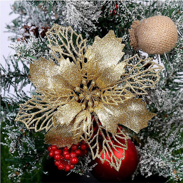 12 st DIY julgranshängen julblommor hängande dekorationer för julgran och festdekorationer julgransdekoration (guld)