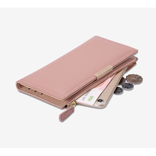 Stor Kapacitet Ultra Tynd Tegnebog Kreditkort Checkhæfte Holder Telefon Clutch Pung Lynlåslomme til Kvinder (PINK)