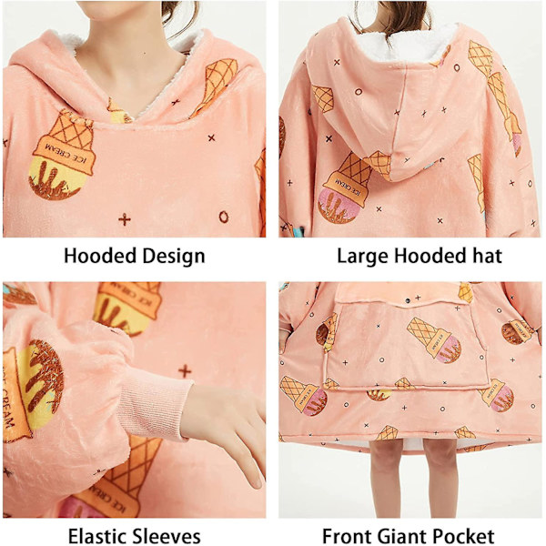 Överdimensionerad huvfilt tröja för kvinnor, tryck flanell sherpa filt stor ficka, supermjuk varm mysig bärbar tjock luvtröja One size passar till Al