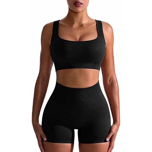 Träningskläder för kvinnor 2-delade sömlösa ribbade leggings med hög midja med sportbh Set Black S