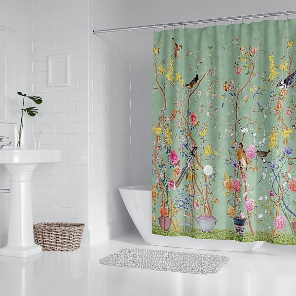 Bruseforhæng Grønt Skimmelsikkert Vandafvisende Fugle Blomster Badeværelse Green Bird Floral