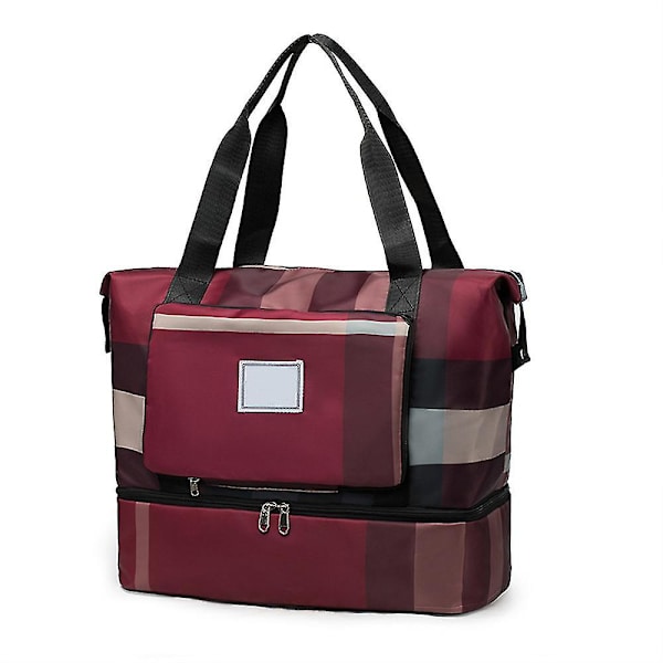 Reiseveske, duffelbag for reise, fargeblokkmønster, stor kapasitet, multifunksjonell og sammenleggbar Red