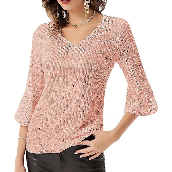 Kvinnor Glitter Sequin Tank T-shirt 3/4 Puffed Sleeve V-hals Blus Topp Pink Gold XL