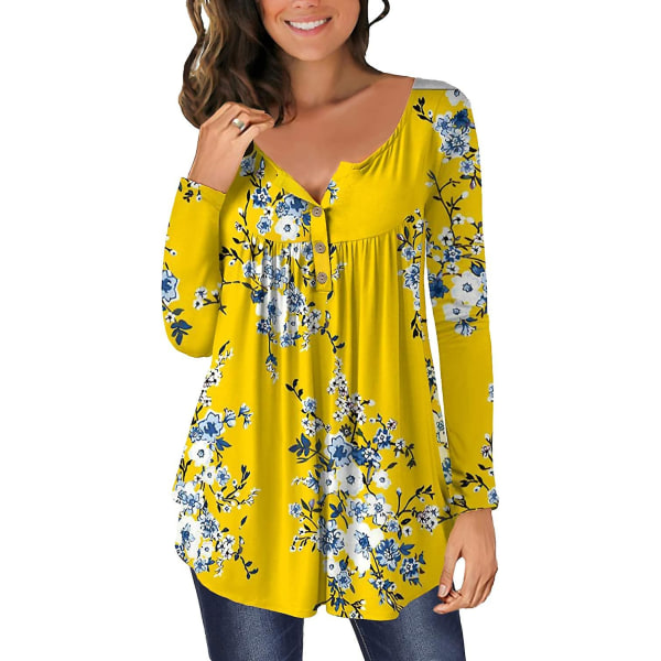 Dame Tunika Topper Ensfarget Plissert V-hals Knapper Bluse Blomstertrykte Damer Flodblue M
