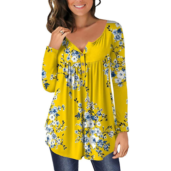 Dame Tunika Topper Ensfarget Plissert V-hals Knapper Bluse Blomstertrykte Damer Mixblack 3XL