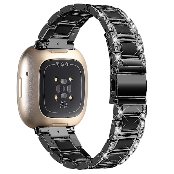 För Fitbit Versa 4/Sense 2 Resin Watch Strap i rostfritt stål med strassdekor Black