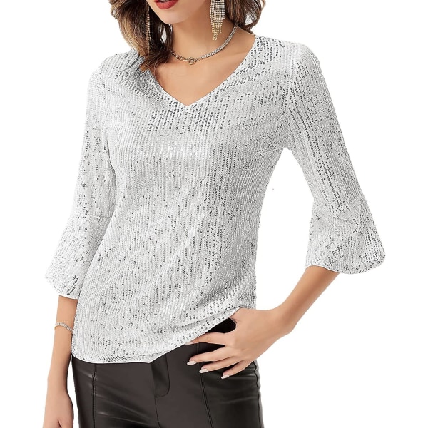Dame Glitrende Glitter Paillet Tank Top T-shirt 3/4 Pufærme V-hals Bluse Top Silver White M