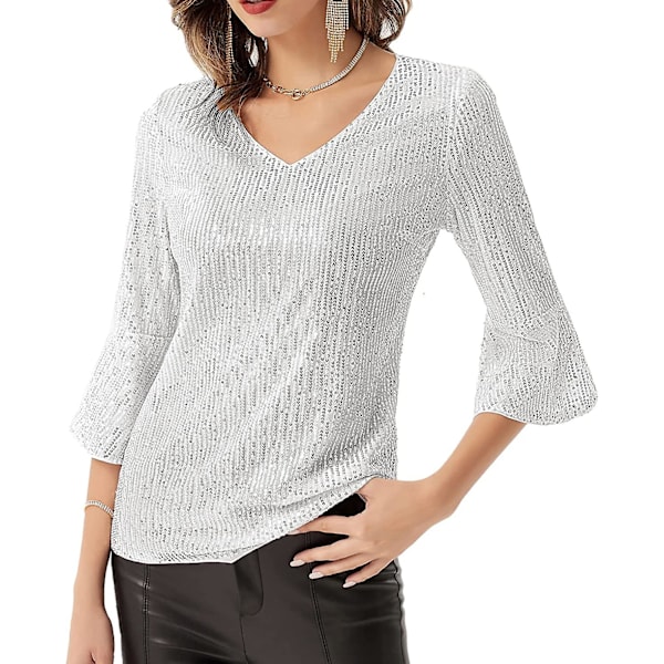 Kvinnors glittrande paljett-tank T-shirt 3/4 puffärm V-ringad blus topp Silver White XL