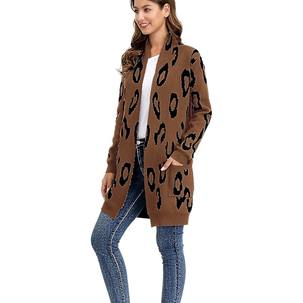 Essential Leopard Print Lång stickad cardigantröja med öppen framsida för kvinnor S