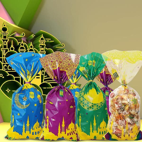 100 stk. festlige godteposer - Ramadan-tema trykte gaveposer med twistbindere til Eid Mubarak-fest