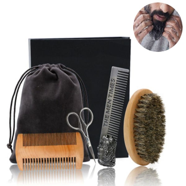 4-delad skäggkamset Revolution Beard Comb & Beard Brush Set för män - Naturlig vildsvinsborste och dubbelverkande päronträkam med sammetsresefodral