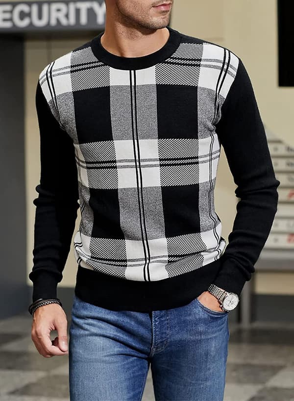Herre Jumper Vinter Plaid Sweater Rund Hals Pullover Jumpere Strik Casual Efterår
