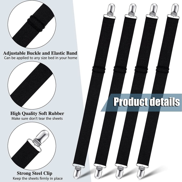 8 st sängklädesklämmor remmar lakanhållare madrassklämmor justerbar sänghörnshållare hängslen monterad svart skyddsgripare elastiska överdragsremmar F