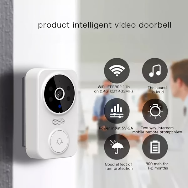 1 sæt, (indbygget batteri) Smart video dørklokke, Smart Home trådløs intercom videokamera med klokke, understøtter tovejslyd