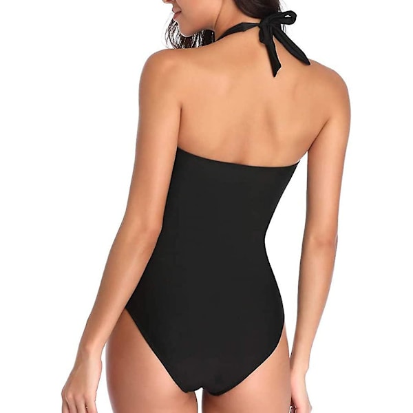 Badedragt i ét stykke til kvinder, retro rynket badetøj, halterneck, ensfarvet 02 black XL