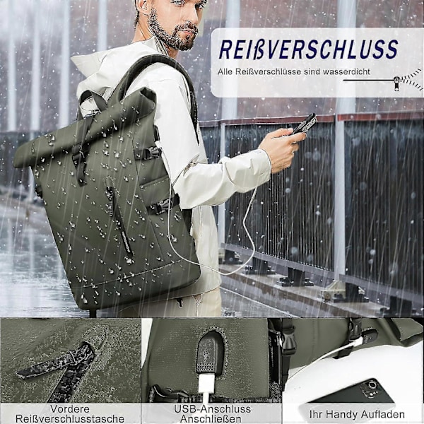 Roll Top -reppu, suuri kannettava tietokonereppu 15,6\", USB-portti, vettähylkivä, varkaudenesto, reppu matkailuun, retkeilyyn, leirintään, korkeakouluun, kouluun, työhön (23L musta) Green