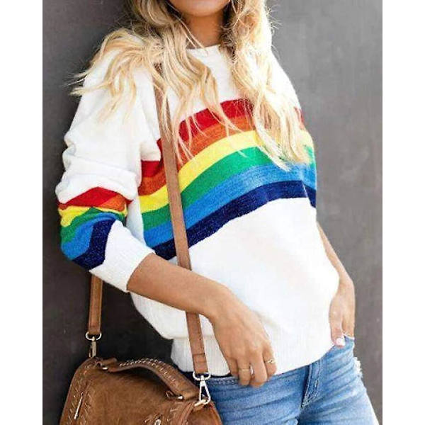Dam tröja regnbåge pullover lätt långärmad rund hals lös stickad tröja S