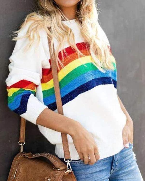 Damregnbåge pullover tröjor lätta långärmad rund hals lös stickad tröja XL