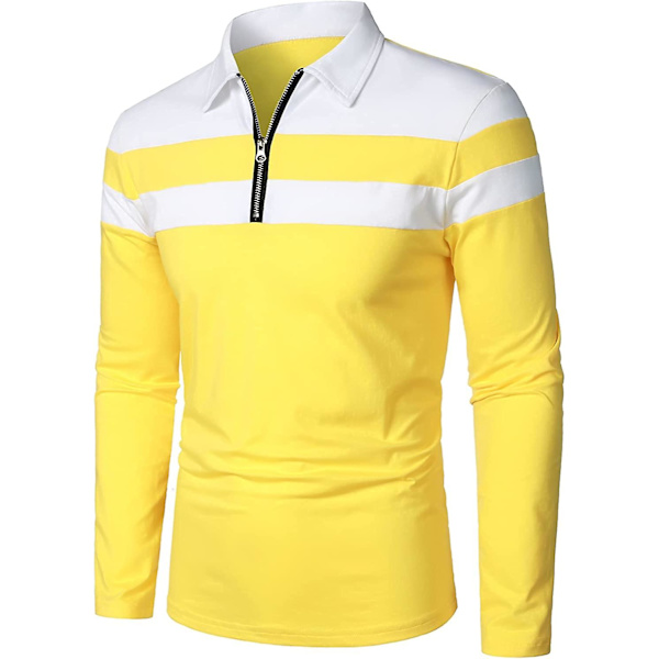Herr Casual Långärmad Polotröjor Kontrastfärg Patchwork Bomull Tee Toppar Yellow L