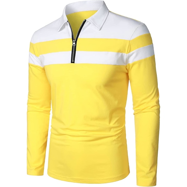 Herr Casual Långärmad Polotröjor Kontrastfärg Patchwork Bomull Tee Toppar Yellow M