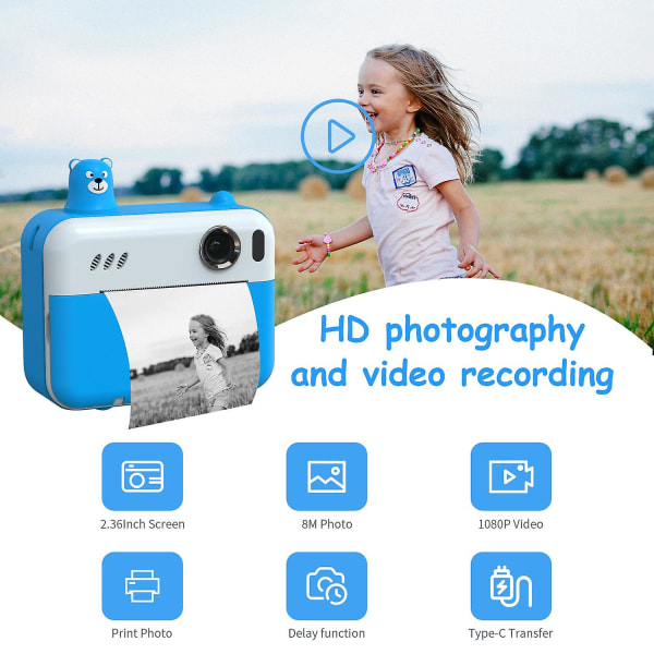IPS 2.36\" HD Display Børnekamera Termisk Udskrivning Foto Tegneserie Kamera Legetøj Dobbelt Linse Sky Blue
